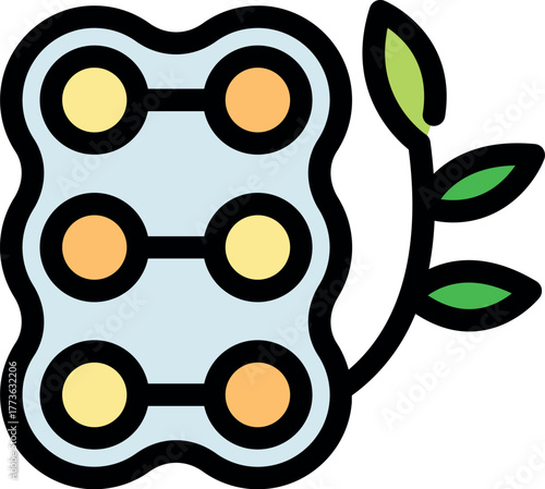 Blister pack containing herbal pills connected to a green sprout symbolizing natural medicine, healthcare, and wellness