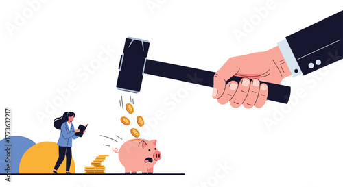 A giant hand wielding a hammer looms over a terrified piggy bank, symbolizing the destruction of savings and financial insecurity, while a person on the side manages money.