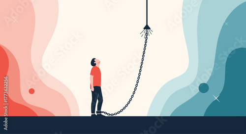 A man with a broken chain around his ankle looks upward, symbolizing freedom, hope, and the journey of overcoming challenges and past constraints.