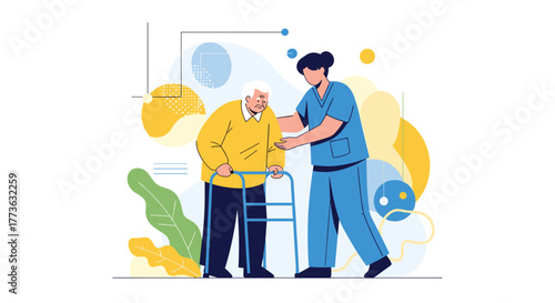 A compassionate healthcare worker in blue scrubs gently assists an elderly man with a walker, highlighting geriatric care and support for seniors in a modern flat design illustration.