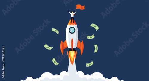 Ambitious businessman celebrating success on a launching rocket amidst falling money, symbolizing rapid business growth, financial achievement, and a successful startup venture.