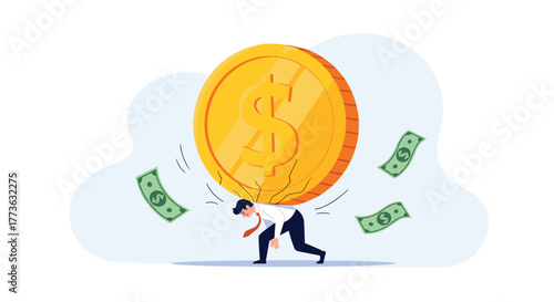 A man struggles under the immense weight of a giant golden dollar coin, symbolizing financial burden, economic pressure, debt, or the heavy responsibility of wealth.