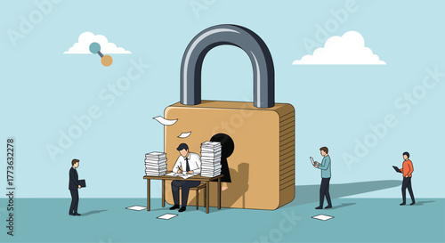A concept illustrating secure data management and information privacy with a worker inside a large padlock, surrounded by users accessing digital data.