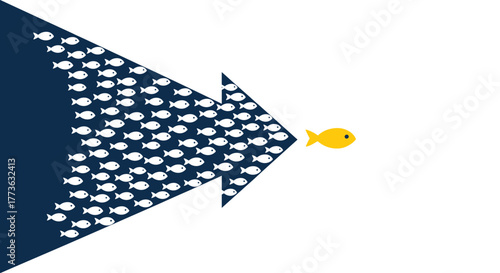A school of small white fish forms a directional arrow, swimming purposefully towards a single, distinct yellow fish, symbolizing leadership or following.