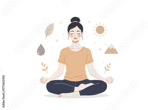 A woman meditating peacefully in a lotus pose, surrounded by natural elements like leaves, sun, and mountains, symbolizing tranquility and well-being