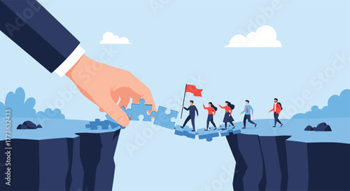 A giant hand helps a team of people cross a chasm by building a bridge of puzzle pieces, symbolizing support, guidance, and problem-solving to achieve shared goals.