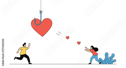 A man pursues a large red heart dangling from a fishing hook, while a woman reaches for smaller hearts floating towards her, symbolizing love, attraction, and deception.