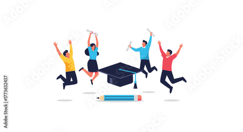 Joyful group of diverse students celebrating their graduation, jumping excitedly with diplomas and a mortarboard cap, symbolizing academic achievement and success.