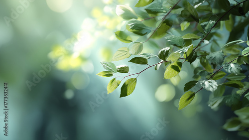 エコ・環境イメージ：森林の木々、太陽の光芒と緑の葉