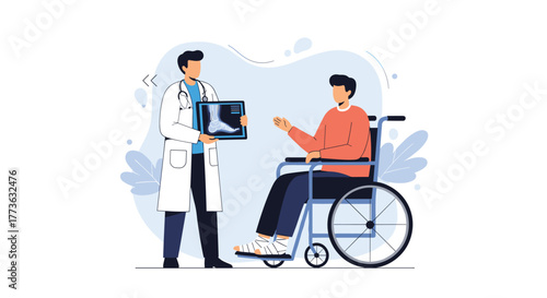 A doctor in a white coat shows a foot X-ray to a seated patient in a wheelchair, who has a bandaged leg, during a medical consultation.