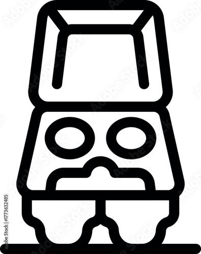 Open empty egg carton standing on surface, front view, simple black and white icon style image