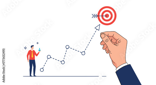 A hand guides a rising dotted line graph towards a successful bullseye target, symbolizing business strategy, growth, and goal achievement, with a businessman holding an idea.