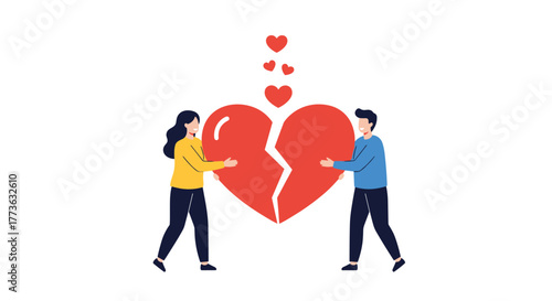 A man and a woman gently mend a large broken red heart, symbolizing reconciliation, healing, and renewed love in a relationship, with smaller hearts floating above.