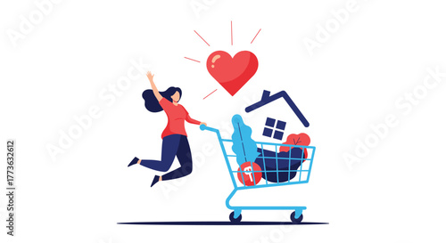 A delighted woman joyfully pushes a shopping cart filled with symbols of love, a new home, and life's aspirations, celebrating her dreams and future purchases.
