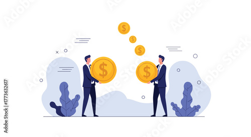 Two businessmen exchange financial assets, illustrating concepts of investment, transaction, and monetary transfer in a professional business setting.