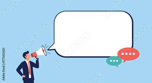 A businessman in a suit announces with a megaphone, next to a large speech bubble for text and smaller chat bubbles, symbolizing public communication, marketing, and dialogue.