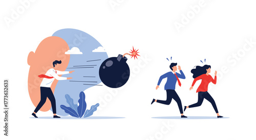 A determined businessman actively pushes away a dangerous, lit bomb, symbolizing problem-solving and confrontation, while two individuals panic and run away from the threat.