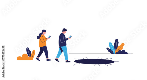 Distracted by their smartphones, a man and a woman walk obliviously towards an open hole in the ground, symbolizing the dangers of inattention and screen addiction.