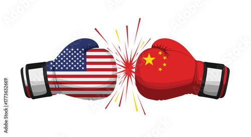 American and Chinese flag-emblazoned boxing gloves collide in a powerful illustration, symbolizing the intense economic, political, and trade rivalry between the two global powers.