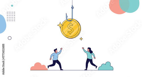 Man and woman rush to grab a sparkling dollar coin baited on a fishing hook, representing the dangerous appeal of quick financial gain.