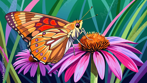 Very beautiful close-up of a Peck’s skipper butterfly resting on a vibrant purple coneflower in Marion County, Illinois, USA, showcasing delicate wings and colorful natural surroundings.