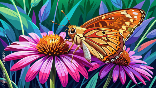 Very beautiful close-up of a Peck’s skipper butterfly resting on a vibrant purple coneflower in Marion County, Illinois, USA, showcasing delicate wings and colorful natural surroundings.