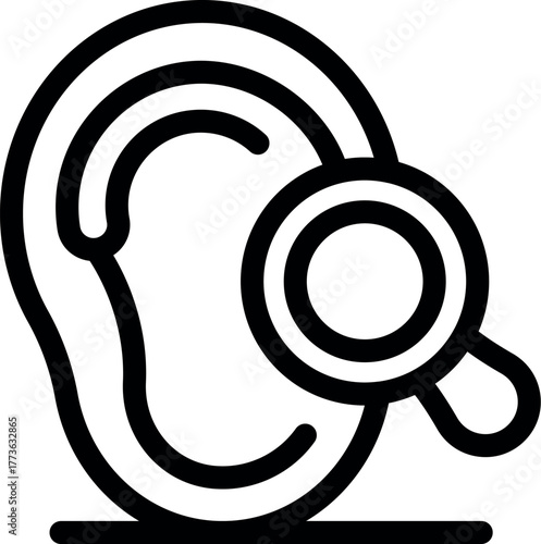 Magnifying glass examining ear, symbolizing hearing test, ear examination, and audiology