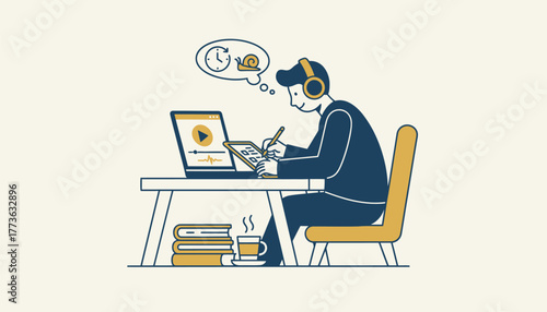 A focused individual taking notes during a recorded lecture with headphones in emphasizing the flexibility of learning at ones own pace.