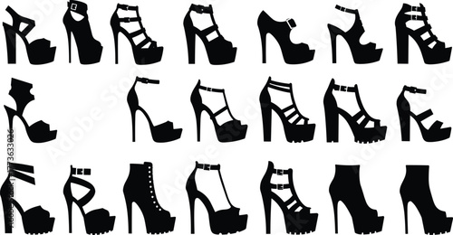 High heel platform shoe silhouettes, women fashion footwear collection, black vector icons set for design and branding, cad drawing flat vector illustration