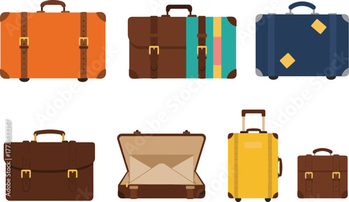 Travel luggage suitcase collection with leather bags, briefcase, and vintage cases for vacation journey, cad drawing flat vector illustration
