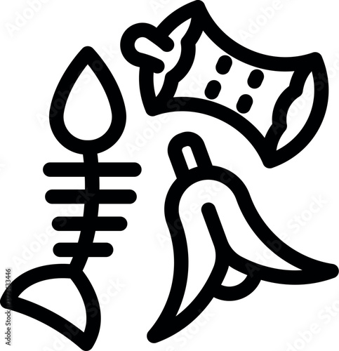 Line drawing of organic waste including a fish skeleton, a banana peel, and a crumpled can