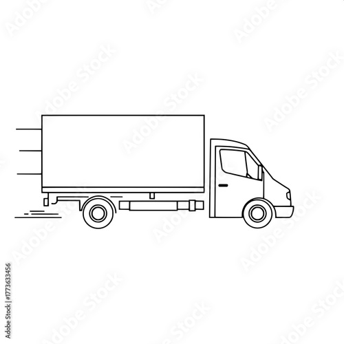 “Minimalist line illustration of a delivery truck in motion, side profile, facing right. The truck outline is drawn with thick black lines on a white background, with subtle indication of speed lines 