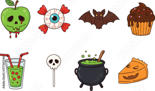 Halloween candy skull bat green apple potion pie and cupcake collection for spooky celebration, cad drawing flat vector illustration