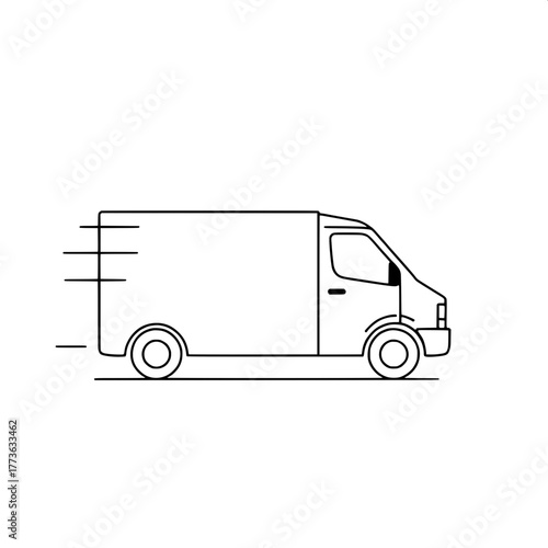“Minimalist line illustration of a delivery truck in motion, side profile, facing right. The truck outline is drawn with thick black lines on a white background, with subtle indication of speed lines 