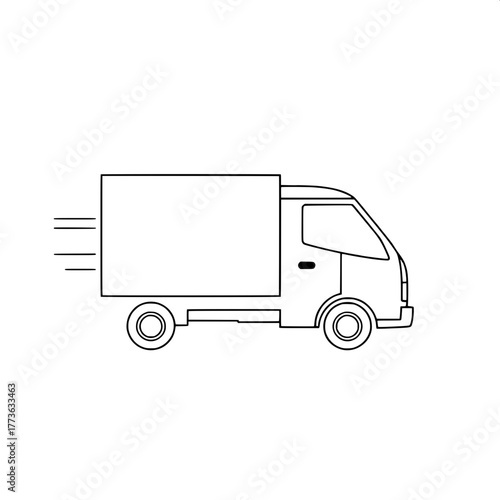 “Minimalist line illustration of a delivery truck in motion, side profile, facing right. The truck outline is drawn with thick black lines on a white background, with subtle indication of speed lines 