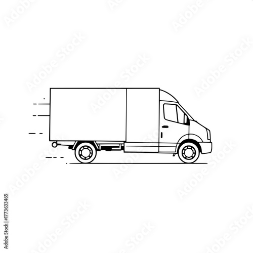 “Minimalist line illustration of a delivery truck in motion, side profile, facing right. The truck outline is drawn with thick black lines on a white background, with subtle indication of speed lines 