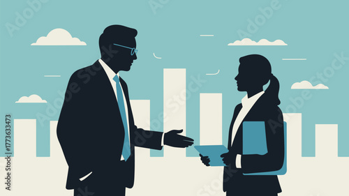 Confident business professionals shake hands and collaborate, symbolizing growth and success in a modern urban landscape