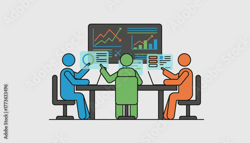 A corporate meeting held in a virtual boardroom where participants represented by avatars collaborate on projects using interactive tools and digital presentations.