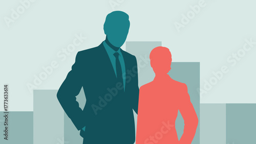 Confident business professionals stand tall in modern city setting, representing success and forward momentum in corporate environments