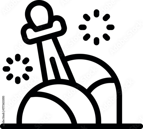 Line art depicting a sword stuck in the ground with sparks, celebrating a victory or achievement