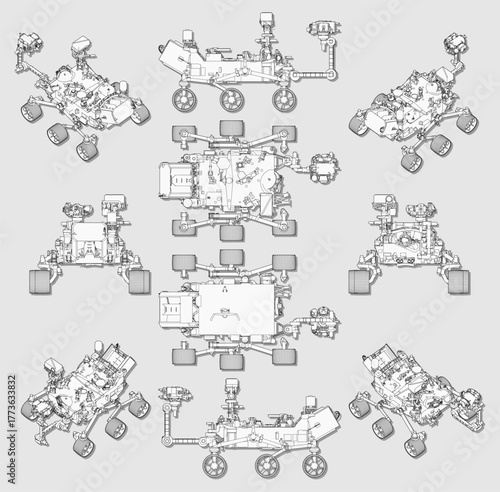 Isometric and Orthogonal Views of a  Mars Perseverance rover