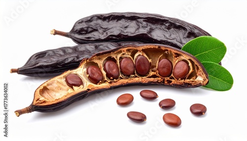 Carob pods and seeds with opened pod and scattered seeds symbolizing natural nutrition and culinary versatility