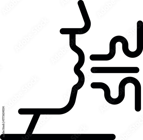 Simple black and white line art icon representing a human head profile talking and emitting sound waves, symbolizing communication, speech, and voice