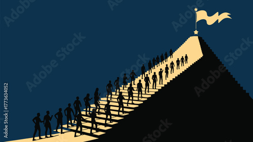 Determined individuals ascend a bright staircase towards a triumphant flag, symbolizing ambition and collective achievement in a modern world.