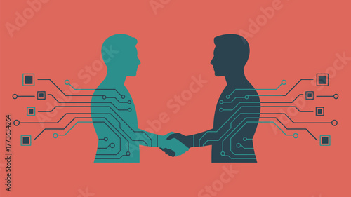 Innovative partnership handshake signifies digital integration and technological collaboration between two modern individuals with circuit board patterns