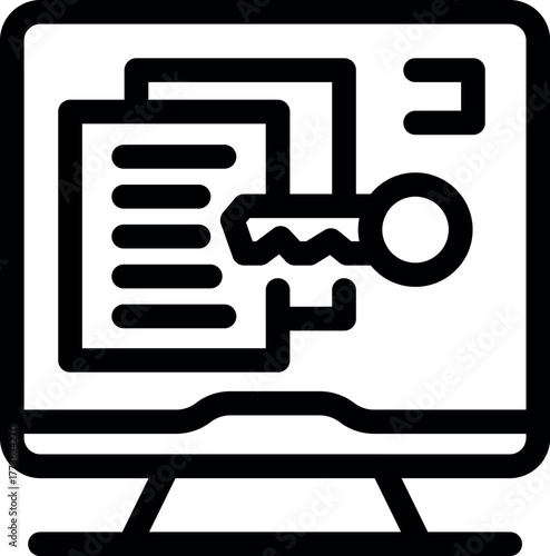 Key unlocking digital documents on computer screen representing data security, access control, and encryption in online environment