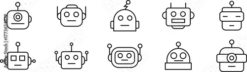 Cute robot face icon collection with various expressions in simple line style representing AI personality and futuristic technology concept