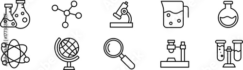 Science and laboratory line icon set including microscope, flask, atom, DNA, and chemistry symbols for research, education, and scientific infographic