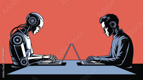 Human and robot collaborate on laptops, symbolizing future of work and technological advancement in modern society