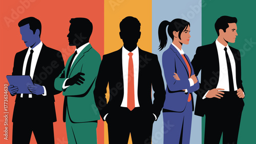 Confident business professionals in stylish suits collaborate on a modern project using a digital tablet, projecting success and teamwork.